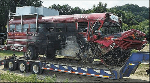 A Skoolie crashed and caught on fire.